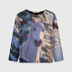 Лонгслив детский Белая лошадь на фоне елки, цвет: 3D-принт