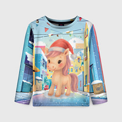 Лонгслив детский Лошадка с новогоднем венком, цвет: 3D-принт