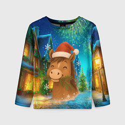 Лонгслив детский Новогодняя лошадка жует елочные ветки, цвет: 3D-принт