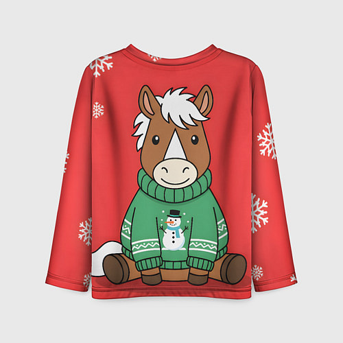 Детский лонгслив Новогодняя лошадка в зеленом свитере / 3D-принт – фото 2