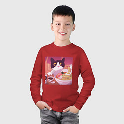 Лонгслив хлопковый детский Кот и лапша, цвет: красный — фото 2
