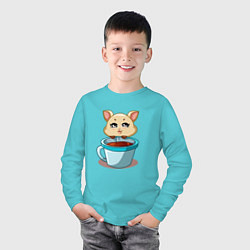 Лонгслив хлопковый детский Котик с кружкой кофе, цвет: бирюзовый — фото 2
