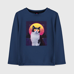 Лонгслив хлопковый детский Synthwave cat, цвет: тёмно-синий
