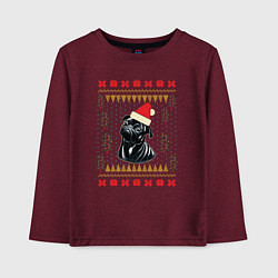 Лонгслив хлопковый детский Рождественский свитер Черный мопс, цвет: меланж-бордовый