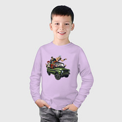 Лонгслив хлопковый детский Персонажи жожо едут на уазике джо джо, цвет: лаванда — фото 2