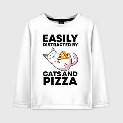 Лонгслив хлопковый детский Легко отвлекаюсь на котов и пиццу, цвет: белый