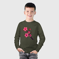 Лонгслив хлопковый детский Священная сакура, цвет: меланж-хаки — фото 2