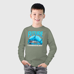 Лонгслив хлопковый детский Будущий специалист по акулам, цвет: авокадо — фото 2