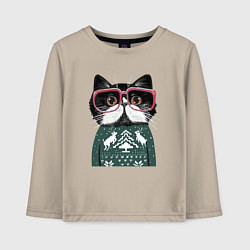 Лонгслив хлопковый детский Умный кот в очках в новогоднем свитере, цвет: миндальный