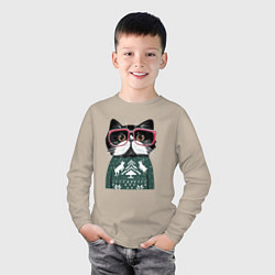 Лонгслив хлопковый детский Умный кот в очках в новогоднем свитере, цвет: миндальный — фото 2