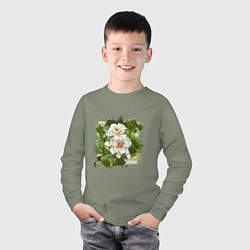 Лонгслив хлопковый детский Нежные белые цветы на зелёном акварельном фоне, цвет: авокадо — фото 2