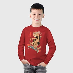 Лонгслив хлопковый детский Кот самурай скейтбордист, цвет: красный — фото 2