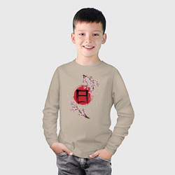 Лонгслив хлопковый детский Цветущая сакура и красный круг с японским иероглиф, цвет: миндальный — фото 2