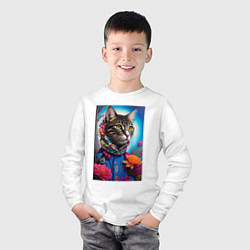 Лонгслив хлопковый детский Кот модник - нейросеть, цвет: белый — фото 2