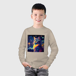 Лонгслив хлопковый детский Котик Винсент ван Гог, цвет: миндальный — фото 2