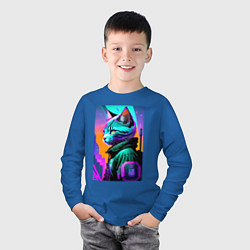 Лонгслив хлопковый детский Прикольный котёнок - киберпанк, цвет: синий — фото 2