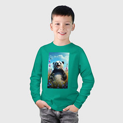 Лонгслив хлопковый детский Довольная панда на природе, цвет: зеленый — фото 2
