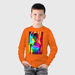 Лонгслив хлопковый детский Japanese girl - neon glow - neural network, цвет: оранжевый — фото 2