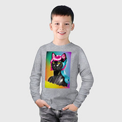 Лонгслив хлопковый детский Чёрная кисуля - поп-арт - нейросеть, цвет: меланж — фото 2