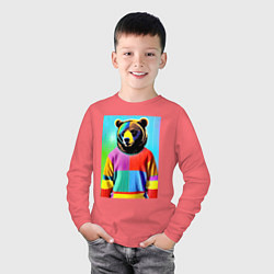 Лонгслив хлопковый детский Мишутка в пэчворк свитере - поп-арт ai, цвет: коралловый — фото 2