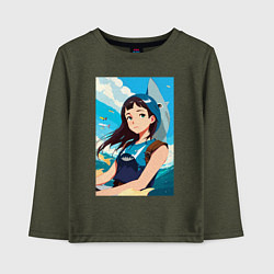Лонгслив хлопковый детский Девочка и океан, цвет: меланж-хаки