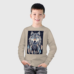 Лонгслив хлопковый детский Шаман волк, цвет: миндальный — фото 2