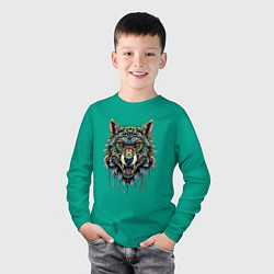 Лонгслив хлопковый детский Разноцветная голова волка, цвет: зеленый — фото 2