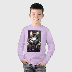 Лонгслив хлопковый детский Крутой кот - киберпанк - нейросеть, цвет: лаванда — фото 2