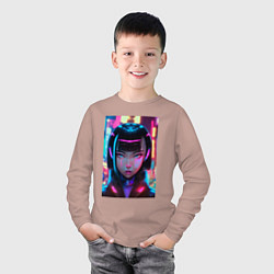 Лонгслив хлопковый детский Девушка киберпанк с черными волосами, цвет: пыльно-розовый — фото 2