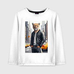 Лонгслив хлопковый детский Чувак пума в Нью-Йорке - нейросеть, цвет: белый