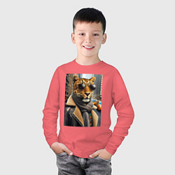 Лонгслив хлопковый детский Леопард модник - Нью-Йорк - нейросеть, цвет: коралловый — фото 2