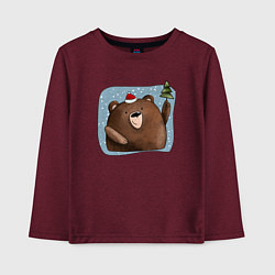 Лонгслив хлопковый детский Медведь и елка, цвет: меланж-бордовый