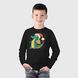 Лонгслив хлопковый детский Милый дракончик в новогодней шапке, цвет: черный — фото 2