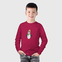 Лонгслив хлопковый детский Весёлый пингвин в шапке, цвет: маджента — фото 2