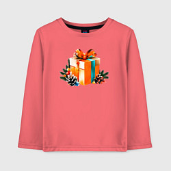 Лонгслив хлопковый детский Новогодний подарок сюрприз, цвет: коралловый