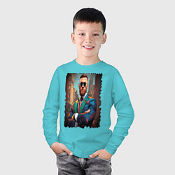 Лонгслив хлопковый детский Конор Макгрегор на фоне города, цвет: бирюзовый — фото 2