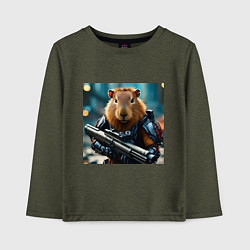 Лонгслив хлопковый детский Мем вооруженная капибара и автомат, цвет: меланж-хаки