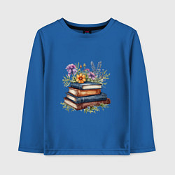 Лонгслив хлопковый детский Стопка книг с полевыми цветами, цвет: синий