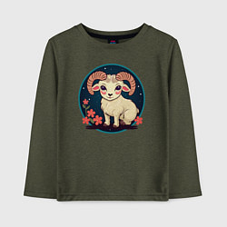 Лонгслив хлопковый детский Барашек знак зодиака Овен на фоне цветов, цвет: меланж-хаки
