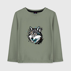 Лонгслив хлопковый детский Портрет волка с брызгами краски, цвет: авокадо