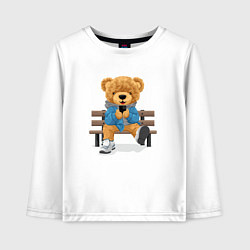 Лонгслив хлопковый детский Плюшевый медведь на скамейке, цвет: белый