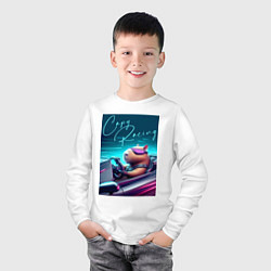 Лонгслив хлопковый детский Капибара гонщик - нейросеть, цвет: белый — фото 2
