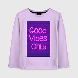 Лонгслив хлопковый детский Неоновая надпись good vibes only и кирпичная стена, цвет: лаванда