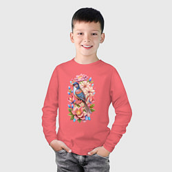 Лонгслив хлопковый детский Птица Калипта Анны среди цветов, цвет: коралловый — фото 2