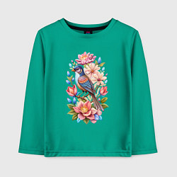 Лонгслив хлопковый детский Птица Калипта Анны среди цветов, цвет: зеленый
