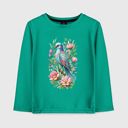 Лонгслив хлопковый детский Красивая голубая птица среди цветов, цвет: зеленый