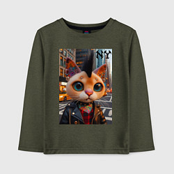 Лонгслив хлопковый детский Глазастый котёнок панк из Нью-Йорка - нейросеть, цвет: меланж-хаки