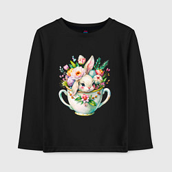 Лонгслив хлопковый детский Милый кролик акварельная чашечка цветы, цвет: черный