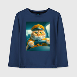 Лонгслив хлопковый детский Рыжий кот опытный водитель - нейроарт, цвет: тёмно-синий