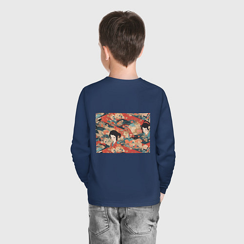 Детский лонгслив Японский орнамент с девушкой / Тёмно-синий – фото 4